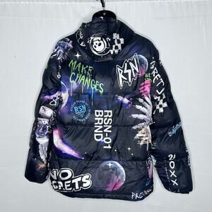Reason Hooded Puffer Jacket Black Galaxy Graffiti Print Size Large